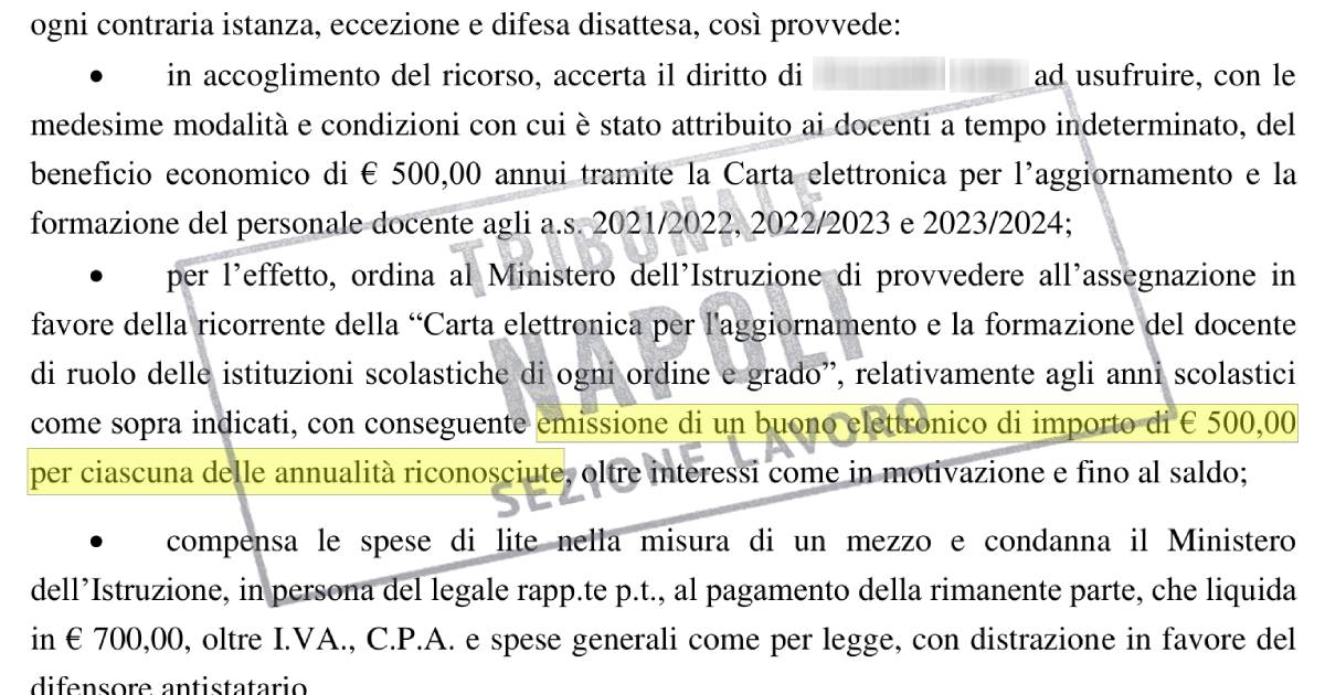 Tribunale di Napoli sancisce diritti docente